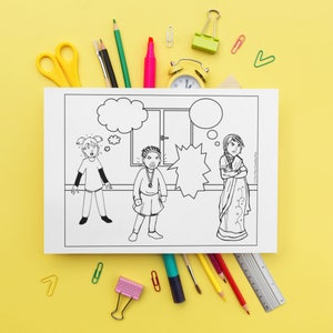 Op de afbeelding: Een zwart-witte kleurplaat met drie personages. De personages zijn een meisje met kort haar, een meisje met lang haar en een jongen met kort haar. De personages staan in een kamer met een deur en een raam. Er zijn spreekbellen boven de hoofden van de personages.