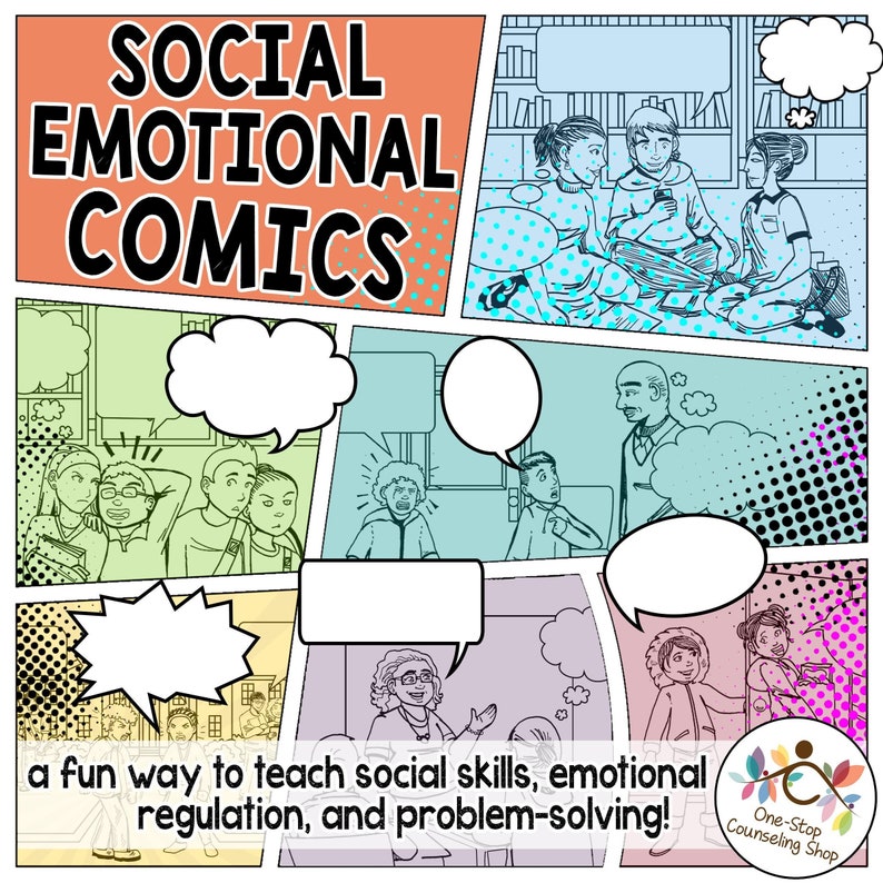 Op de afbeelding: Een stripboekachtige illustratie met de titel "SOCIAL EMOTIONAL COMICS" en de tekst "a fun way to teach social skills, emotional regulation, and problem-solving!" De illustratie toont verschillende sc&egrave;nes met kinderen die met elkaar omgaan.