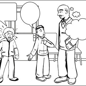 Op de afbeelding: Een zwart-witte illustratie van een leraar die met twee leerlingen praat. De leraar staat en heeft een gedachteballon boven zijn hoofd. Een leerling staat en de andere zit. De staande leerling kijkt naar de leraar en de zittende leerling kijkt naar de andere leerling.