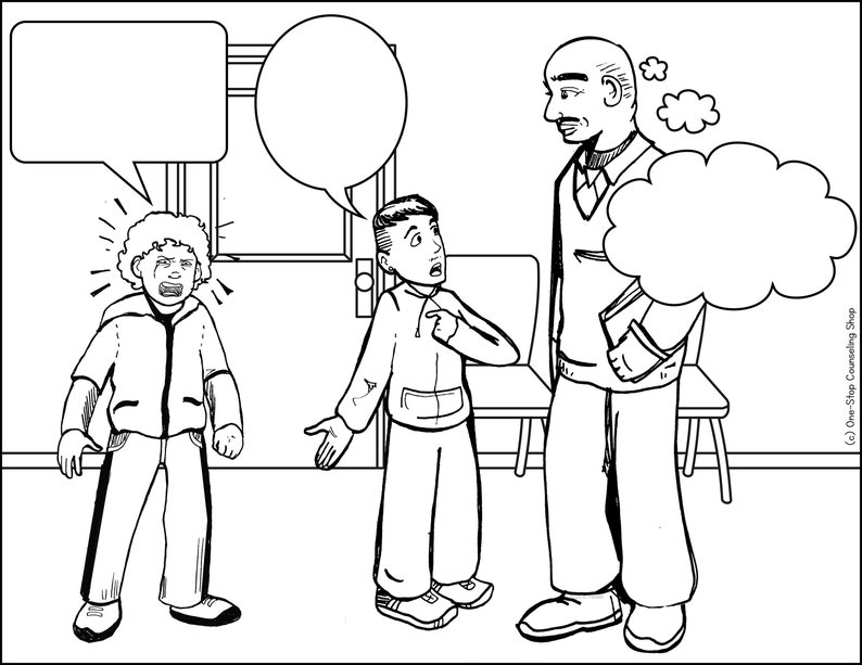 Op de afbeelding: Een zwart-witte illustratie van een leraar die met twee leerlingen praat. De leraar staat en heeft een gedachteballon boven zijn hoofd. Een leerling staat en de andere zit. De staande leerling kijkt naar de leraar en de zittende leerling kijkt naar de andere leerling.