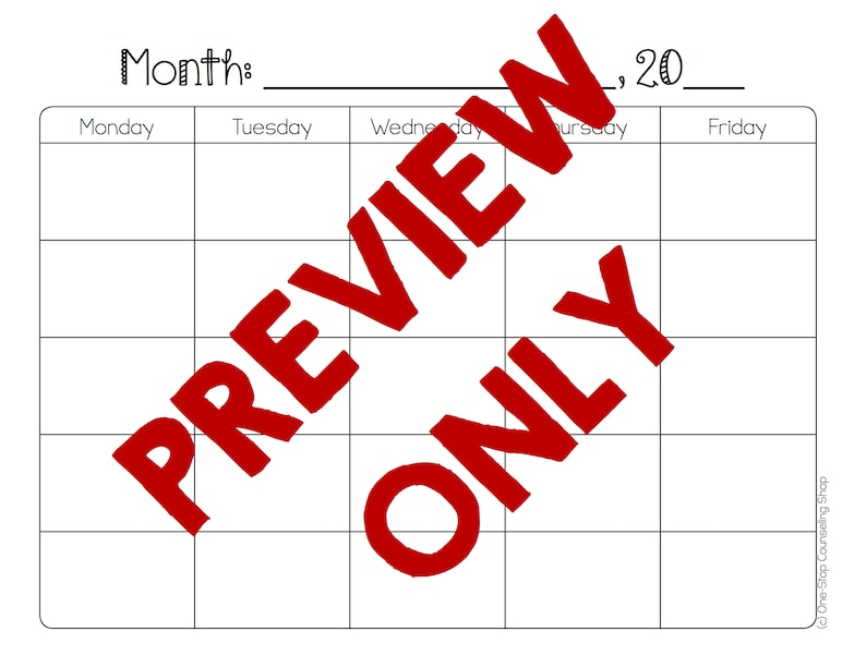 K&ouml;nnte beinhalten: Eine leere monatliche Kalender Vorlage mit dem Text "Monat:" und "_ , 20_" oben. Die Wochentage sind oben aufgelistet: Montag, Dienstag, Mittwoch, Donnerstag und Freitag.