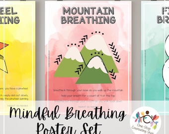 Mindful Breathing Poster Set | Social Work, Counseling, School Psychology Resource for Emotional Regulation and Student Wellness