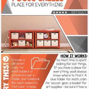 May include: A colorful illustration showing a red bookshelf with multiple shelves and compartments. The text "TRY THIS!" is in a large font on the left side of the image. The text "FOCUS SKILLS PLACE FOR EVERYTHING" is in a large font at the top of the image. The text "HOW IT WORKS:" is in a large font on the right side of the image. The text below "HOW IT WORKS:" explains the importance of having a designated place for everything.