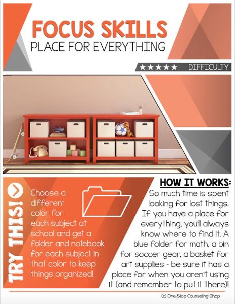 May include: A colorful illustration showing a red bookshelf with multiple shelves and compartments. The text "TRY THIS!" is in a large font on the left side of the image. The text "FOCUS SKILLS PLACE FOR EVERYTHING" is in a large font at the top of the image. The text "HOW IT WORKS:" is in a large font on the right side of the image. The text below "HOW IT WORKS:" explains the importance of having a designated place for everything.