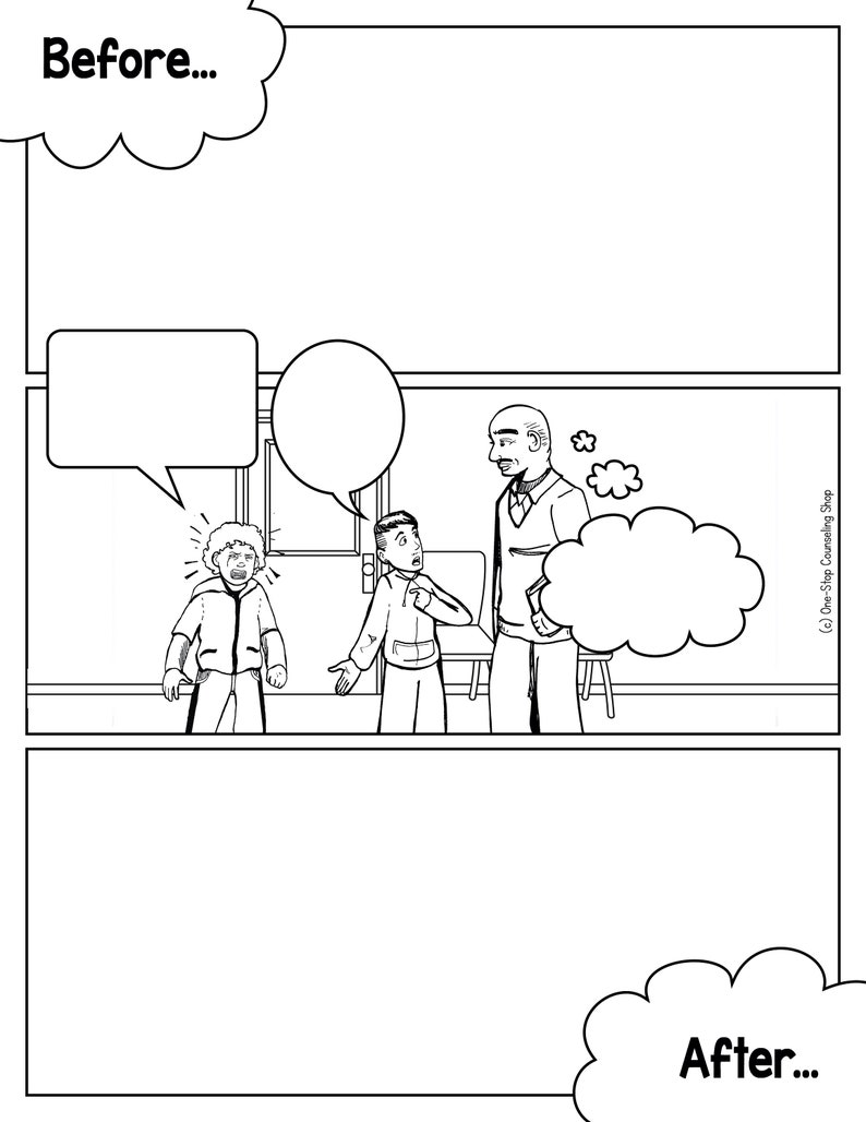 Op de afbeelding: Een zwart-witte striptekening van een leraar die met twee leerlingen praat. De leraar is een man met een baard en een bril. De leerlingen zijn een jongen en een meisje. De jongen huilt en het meisje kijkt hem aan. De woorden "Voor..." en "Na..." staan in gedachtebellen boven de figuren.