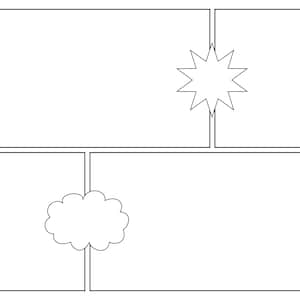 Op de afbeelding: Een zwart-witte stripboek sjabloon met vier panelen. Het bovenste rechter paneel heeft een stervorm. Het onderste linker paneel heeft een wolkvorm.