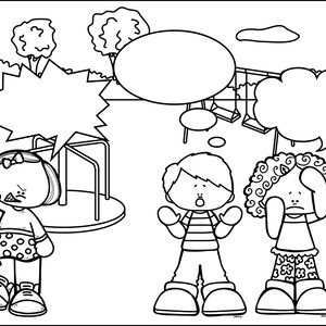 Op de afbeelding: Zwart-witte illustratie van drie kinderen op een speelplaats. E&eacute;n kind is boos en houdt een blok vast. Een ander kind is verrast en heeft een gedachteballon boven zijn hoofd. Het derde kind is verdrietig en heeft een gedachteballon boven zijn hoofd.