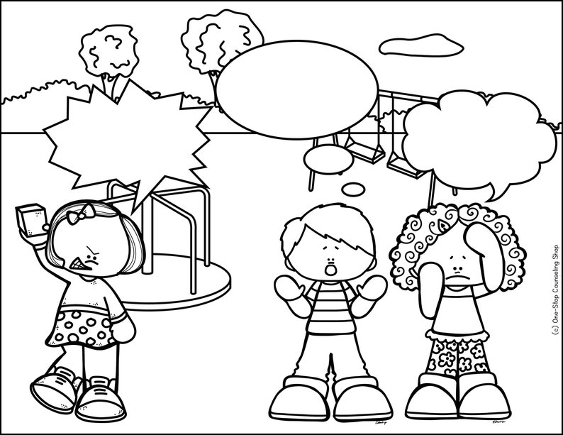 Op de afbeelding: Zwart-witte illustratie van drie kinderen op een speelplaats. E&eacute;n kind is boos en houdt een blok vast. Een ander kind is verrast en heeft een gedachteballon boven zijn hoofd. Het derde kind is verdrietig en heeft een gedachteballon boven zijn hoofd.
