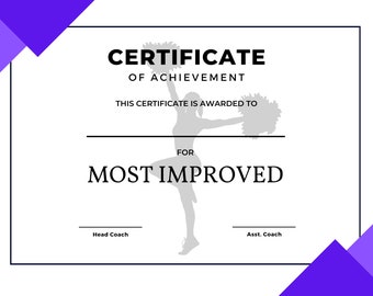 Puede incluir: Un certificado blanco con un borde negro, una silueta gris de una animadora sosteniendo pompones y el texto "CERTIFICATE OF ACHIEVEMENT THIS CERTIFICATE IS AWARDED TO FOR MOST IMPROVED Head Coach Asst. Coach"