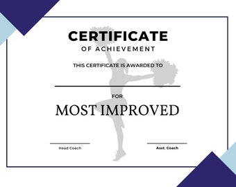 Puede incluir: Un certificado blanco con borde negro y detalles geométricos azules. El certificado dice "CERTIFICADO DE LOGRO" y "MÁS MEJORADO" con espacio para un nombre y firmas. Una silueta de animadora está en el centro.