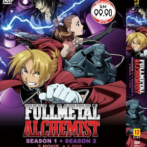 Puede incluir: Car&aacute;tula de DVD para Fullmetal Alchemist, con los personajes principales Edward Elric, Alphonse Elric y Winry Rockbell. La portada es roja, morada y negra con un dise&ntilde;o de rayo. El texto en la portada dice "Fullmetal Alchemist" y "Temporada 1 + Temporada 2, 2 pel&iacute;culas + 1 OVA".