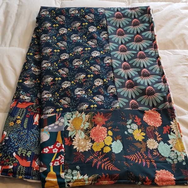 Hedgehogs, Mushrooms and Florals Woodland Creature Fleece Lined Throw Blanket