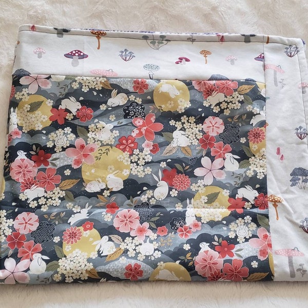 Adorable Bunnies with Cherry Blossoms and Mushrooms Fleece Lined Baby Blanket