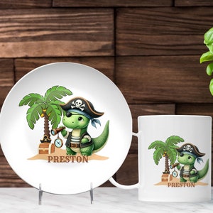 Personalized Children&#39;s Dinnerware Set: Pirate Dinosaur Design