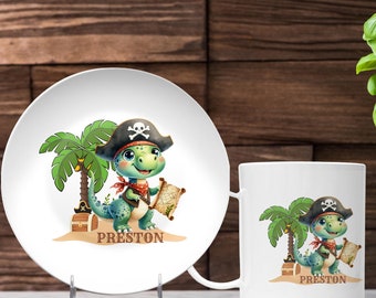 Personalized Dinosaur Pirate Dinnerware Set: Boys Kids Gifts