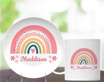 Personalized Rainbow Dinnerware Set: Kids Plate & Mug, Gift for Girls