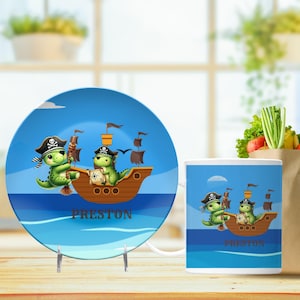 Personalized Kids Dinnerware Set: Pirate Dinosaur Design