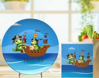 Personalized Kids Dinnerware Set: Pirate Dinosaur Design