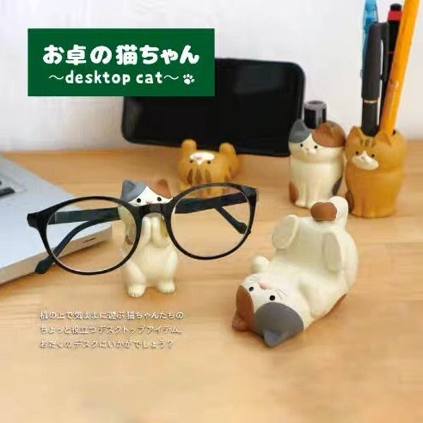 Zakka Desktop cat holding eyeglass or pens or phone, Japan Toys or Gashapons, Genuine little displays for decoration, birthday gift
