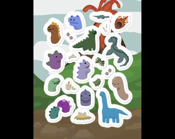 May include: A set of colorful dinosaur stickers with a volcano and eggs. The stickers feature various dinosaurs in different colors, including purple, blue, green, and brown.