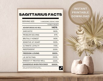 SAGITTARIUS Star Sign Instant Download Print, Zodiac Art Printable, Spiritual Wall Art, Nutritional Facts Art, DIGITAL DOWNLOAD, Beige/Black