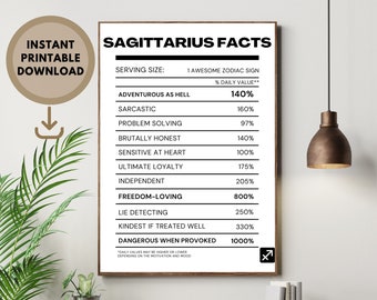 SAGITTARIUS Star Sign Instant Download Print, Zodiac Art Printable, Spiritual Wall Art, Nutritional Facts Art, DIGITAL DOWNLOAD, White/Black