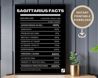 SAGITTARIUS Star Sign Instant Download Print, Zodiac Art Printable, Spiritual Wall Art, Nutritional Facts Art, DIGITAL DOWNLOAD, Black/White