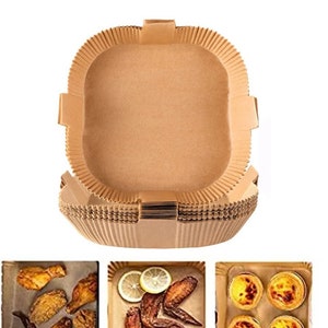 May include: A stack of 10 brown paper baking cups. The cups are square and have a fluted edge. The cups are shown with different foods inside, including fried chicken wings, lemon wedges, and egg tarts.