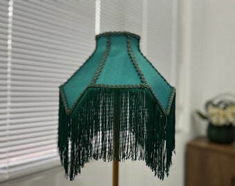 Jade Green Velvet Lampshade with Tassels, European Style Vintage Lamp Shade, Retro Lampshade for Table Lamp