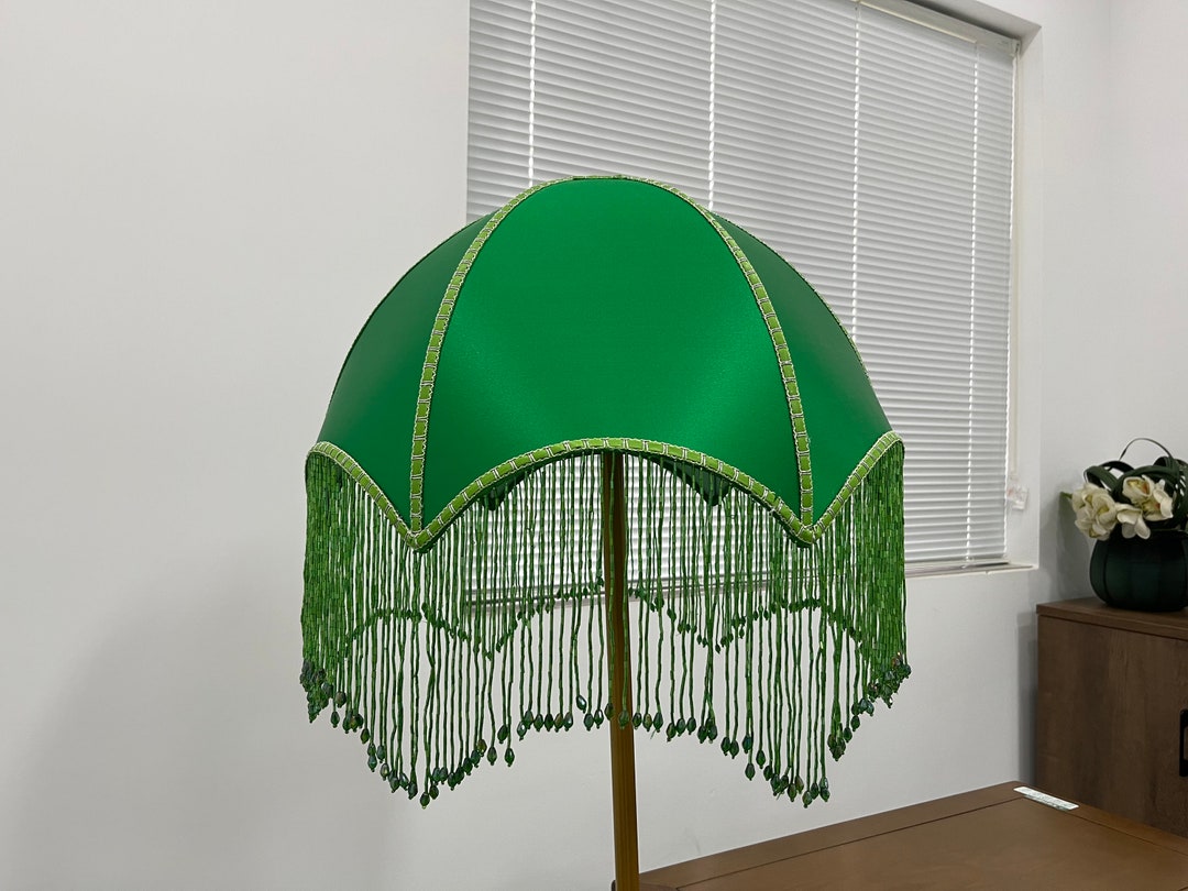 Jade Green Silk Lamp Shade With Beaded Tassels, Vintage Fringed