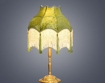 Green Velvet Fringed Lamp Shades +Copper Lamp Base, Vintage Lampshade For Table Lamp/Floor Light, Luxury Ceiling Pendent,Custom LampShades