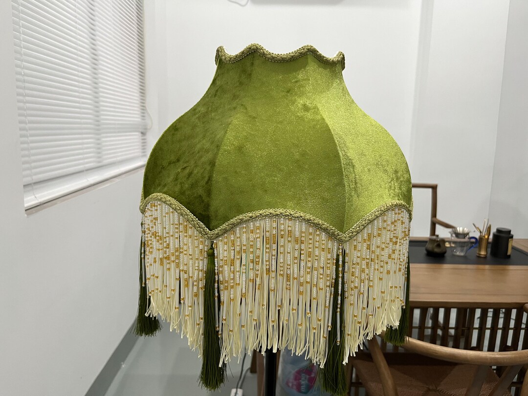 Handmade Fringed Lamp Shades , Green Velvet Victorian Lampshade for