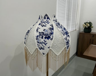 Vintage Porcelain Table Lamp+Lampshade, Beaded Copper Fringed Lamp shade For Table Lamp / Floor Light, Luxury Lamp Shades,Housewarming gift