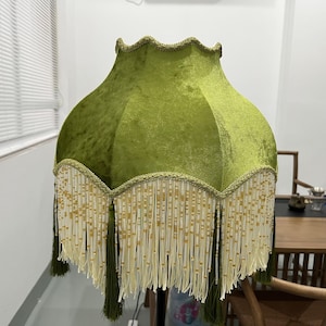 Handmade Fringed Lamp Shades , Green Velvet Victorian Lampshade For Table Lamp/Floor Light, Luxury Ceiling Pendent,Custom LampShades