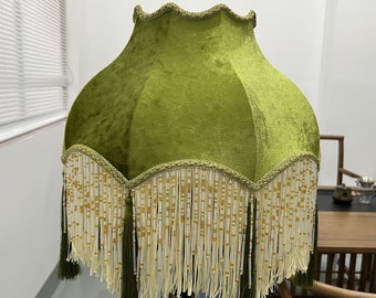 Handmade Fringed Lamp Shades , Green Velvet Victorian Lampshade For Table Lamp/Floor Light, Luxury Ceiling Pendent,Custom LampShades