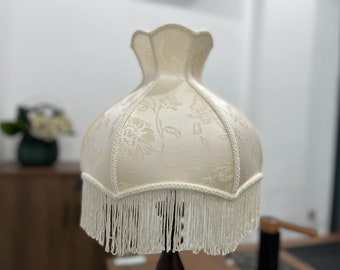 Scallop Dome Lamp Shades With Tassels, Cream Floral Bouquet European Style Lampshade For Table Lamp, Luxury fringed LampShades
