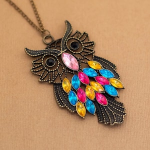 Vintage Intricate Owl Colorful Faux Gems Elven Necklace 28 inch - Y9