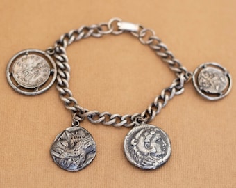 Vintage Silver Tone Dangling Antique Coins Charm Bracelet 7 1/2 inch by ALVA - Y11