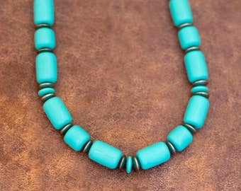 30 pulgadas, Vintage Teal Blue Barrel Beads Collar de cuentas único - Y22
