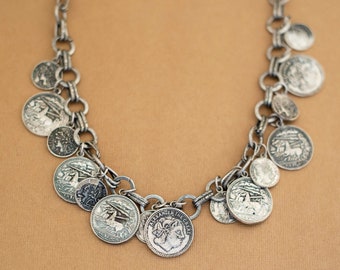 Vintage Antique Dangling Coins Silver Tone Necklace 20 inch - Y6