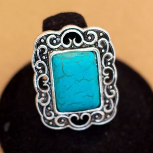 Vintage Silver Tone Art Nouveau Geometric Blue Stone Intricate Adjustable Ring Size 8 - Y6