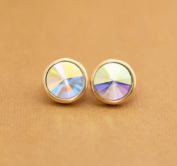 Vintage Rainbow Circle Gold Tone Clip On Earrings… - image 1