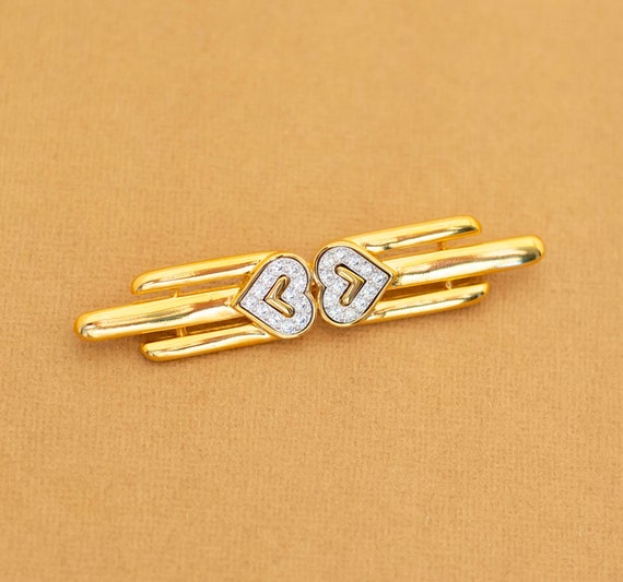 Vintage Twin Heart Rhinestones Gold Tone Lines Br… - image 1