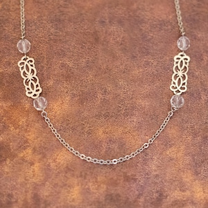34 inch, Vintage Silver Tone Floral Mandala Abstract Colorless Rhinestones Chain Necklace - Y21