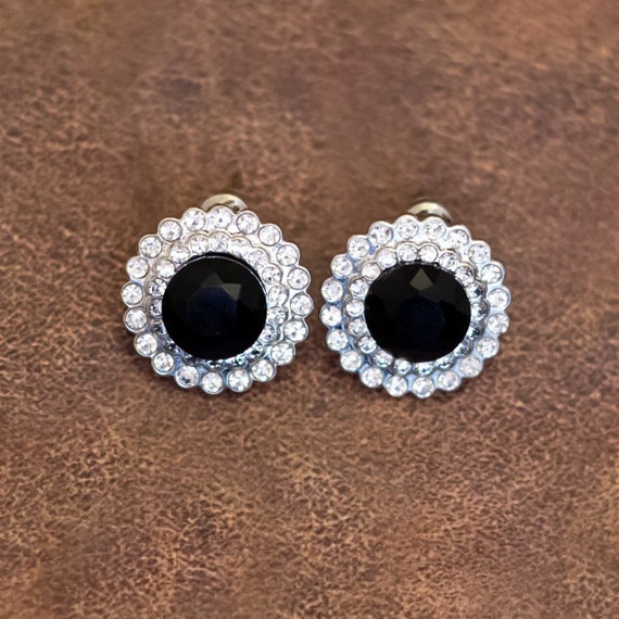 Vintage Gothic Black Beads Clear Rhinestones Flor… - image 1