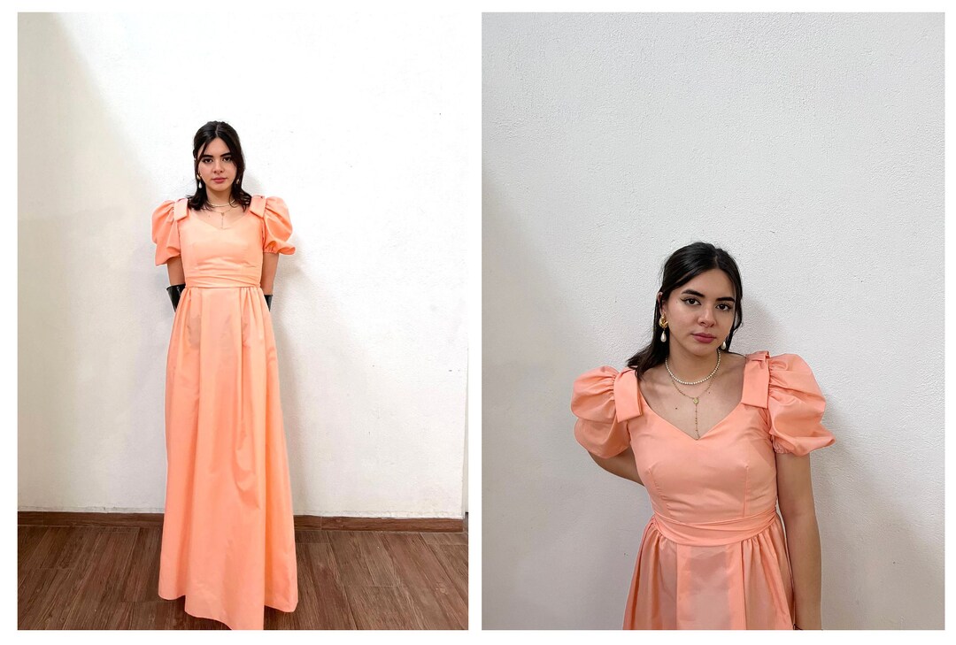 Late 70s / Early 80s Peach Jcpenny Dress / Princess Dress / Puff Sleeve