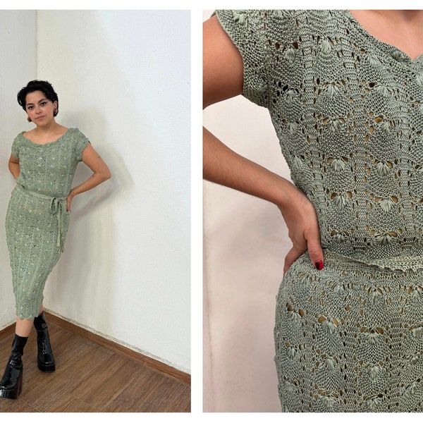 1970s Boho green crochet Dress | Vintage Sheer Knit short Sleeve with matching belt/ SIZE XS / S