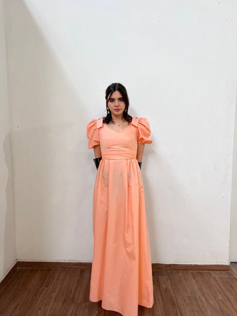 Late 70s / Early 80s Peach Jcpenny Dress / Princess Dress / Puff Sleeve