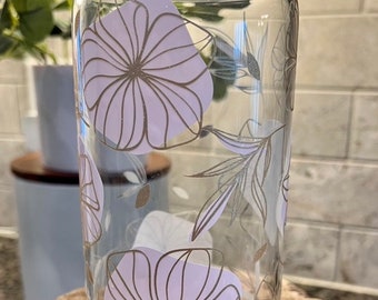 COLOR CHANGING floral Custom 16oz. Libbey Beer Can glass cup with Bamboo lid/Glass straw