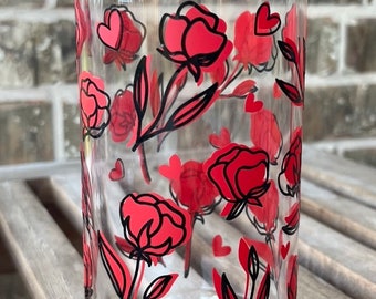 HEARTS & ROSES Custom 16oz. Libbey Beer Can glass cup with Bamboo lid/Glass straw